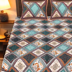 Fevyn Diamond Pattern Cotton King Size Bedsheet 280 TC (Teal, Orange) with 2 Pillow Covers | 100% Cotton Machine Washable